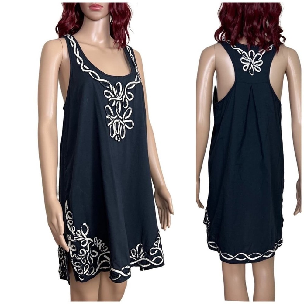 Mud Pie Summer Shift Dress Womens Large Black Appliqué Tunic Cotton Lightweight